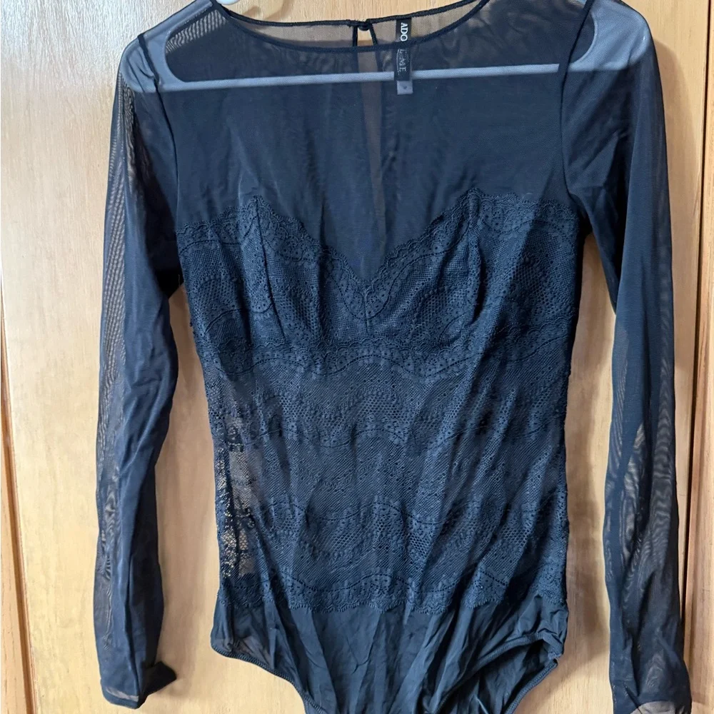 Adore Me Black Sheer Fitted Long Sleeve Bodysuit - Picture 1 of 3